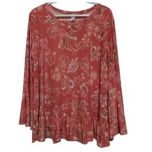 Hayzel Women's Pink Beige Paisley Long Sleeve Pullover Top Bell Sleeves Size 2XL